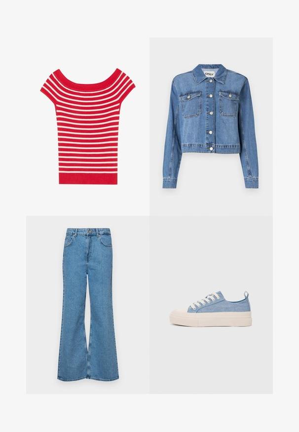 Jachetă din denim de culoare albastru deschis, cu un design scurt, nasturi pe față, două buzunare pe piept și un guler ascuțit. Prezintă o textură netedă.; Top cu mânecă scurtă, cu umerii la vedere, în dungi orizontale roșii și albe, realizat dintr-un material tricotat cu un design ajustat.; Jeanși evazați de culoare albastru deschis, din denim, cu talie înaltă, cinci buzunare și închidere cu un singur buton. Textură moale cu un finisaj decolorat.; Sneakers din pânză de culoare albastru deschis, cu vârf și talon din cauciuc crem, având șireturi albe și un maner pe călcâi.