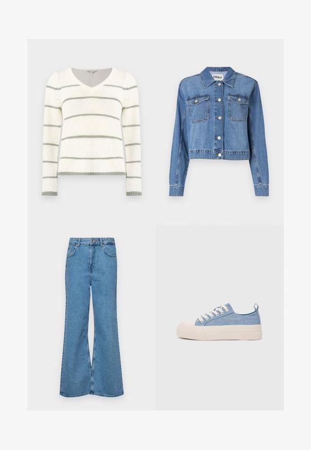 Chaqueta de mezclilla azul claro con un diseño crop, botones frontales, dos bolsillos en el pecho y un cuello puntiagudo. Presenta una textura suave.; Suéter de punto con escote en V, con rayas horizontales en blanco y verde claro. Manga larga, con detalles de puños y dobladillo acanalados.; Jeans acampanados de color azul claro hechos de denim, con una cintura alta, cinco bolsillos y un cierre de botón. Textura suave con acabado desgastado.; Zapatillas de lona azul claro con una puntera y suela de goma crema, que cuentan con cordones blancos y una lengüeta en el talón.