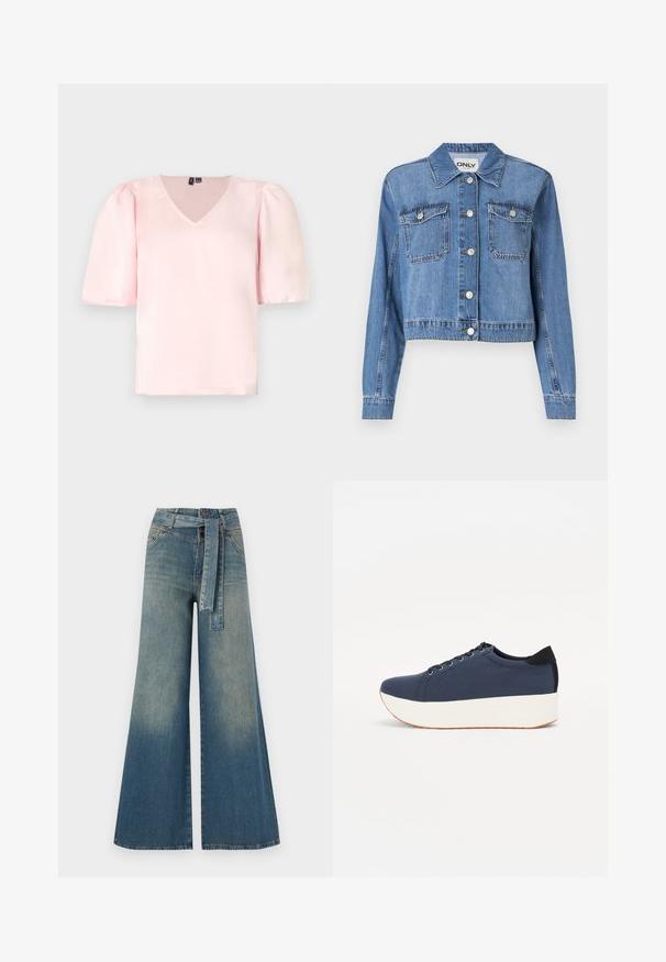 Šviesiai mėlynas džinsinis švarkas su trumpu dizainu, priekiniais mygtukais, dviem krūtinės kišenėmis ir smailiu apykakle. Pasižymi lygiu paviršiumi.; Rožinė satino bluzė su V formos iškirpte, trumpomis pūstomis rankovėmis ir laisvu siluetu. Lygi tekstūra ir paprastas dizainas be matomų raštų ar akcentų.; Platus džinsinis kelnes su šviesiai tamsiai mėlynu gradientu, aukštu juosmeniu, diržo kilpomis ir atitinkančiu audinio diržu. Textūruotas džinsinis paviršius.; Tamsiai mėlynas sportinis batelis su tekstūruotu audiniu viršuje, baltu platformos padu, apvaliu pirštu ir juodu kulno akcentu.š. Yra šešios skylės raišteliams.