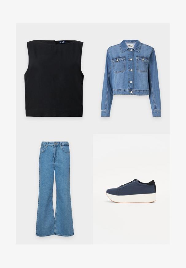 Šviesiai mėlynas džinsinis švarkas su trumpu dizainu, priekiniais mygtukais, dviem krūtinės kišenėmis ir smailiu apykakle. Pasižymi lygiu paviršiumi.; Juoda be rankovių palaidinė su plačiu kaklu ir tiesiu kirpimu. Pagaminta iš sklandžios medžiagos, turi užpakalinį užsegimą ir minimalų dizainą.; Šviesiai mėlynos flared džinsai, pagaminti iš džinsinio audinio, su aukštu liemeniu, penkiomis kišenėmis ir vienu mygtuko užsegimu. Minkštas paviršius su išblukusiu efektu.; Tamsiai mėlynas sportinis batelis su tekstūruotu audiniu viršuje, baltu platformos padu, apvaliu pirštu ir juodu kulno akcentu.š. Yra šešios skylės raišteliams.