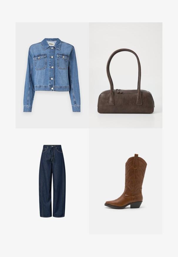 Heleukrõngane džinnjak, millel on lühenenud disain, ees nupukinnitus, kaks rinna taskut ja terav krae. Omab siledat tekstuuri.; Valge lühikeste varrukatega T-särk, millel on graafiline kujundus lainetega, päikeseloojang ning tekst "COASTAL WAVES 97 SURF CLUB CA" roosa ja sinise värviga.; Tumed sinised laiad püksid tumedast denimist, nööriga vöökoht, kontrastne õmblus ja kaks esi-taskut. Sile tekstuur, mugav istuvus.; ONLY SHOES ONLBRONCO - Kauboi-/mootorrattasaapad - brown; Pruunist nahast käsipagas kahe tugeva käepidemega, kandiline kuju, sile tekstuur ja tõmblukuga sulgemine. Minimalistlik disain, ilma nähtavate mustriteta.