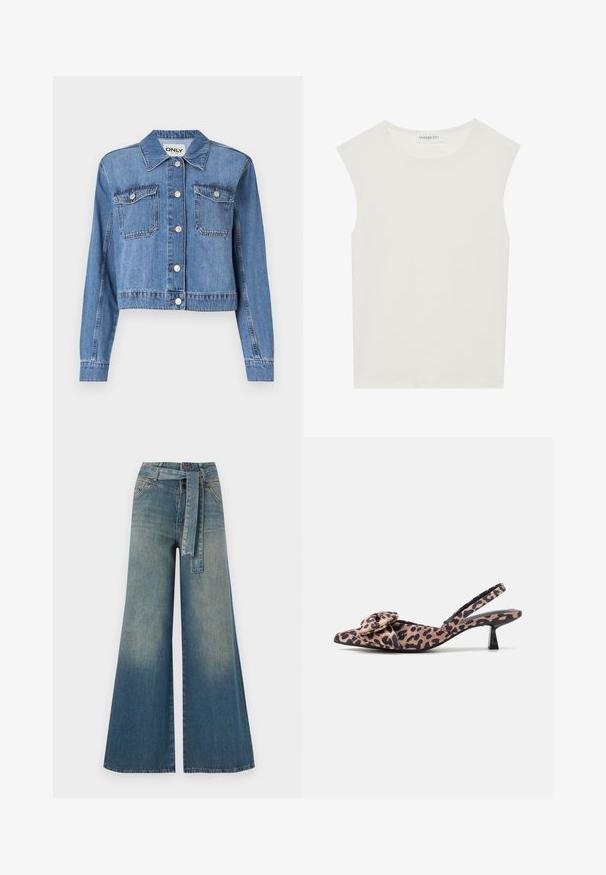 Light blue denim jacket with a cropped design, front buttons, two chest pockets, and a pointed collar. Features a smooth texture.; White sleeveless top with a round neckline. Made of smooth fabric, it features a relaxed fit and minimalist design. No patterns or accents.; Wide-leg denim trousers featuring a light to dark blue gradient, high waist, belt loops, and a matching fabric belt. Textured denim finish.; Pointed-toe slingback heels in leopard print fabric with a bow accent, featuring a low black heel and smooth texture.