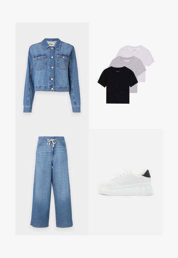 Šviesiai mėlynas džinsinis švarkas su trumpu dizainu, priekiniais mygtukais, dviem krūtinės kišenėmis ir smailiu apykakle. Pasižymi lygiu paviršiumi.; Trijų trumpomis rankovėmis marškinėlių rinkinys juodos, pilkos ir baltos spalvos. Pagaminti iš medvilnės, turi apvalų iškirpimą ir paprastą, vientisos spalvos dizainą.; Šviesiai mėlyni plačių kojų džinsai. Pasižymi raišteliu reguliuojamu juosmeniu, klasikiniu penkių kišenių dizainu ir lygaus paviršiaus struktūra su subtiliu blukimu.; Balti platforminiai sportbačiai, pagaminti iš lygios sintetinio audinio, su apvaliu pirštu, raištelių užsegimu ir tekstūruota guma padanga. Juodas kulno akcentas.