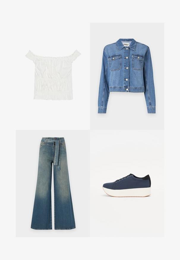 Light blue denim jacket with a cropped design, front buttons, two chest pockets, and a pointed collar. Features a smooth texture.; White off-the-shoulder top with ruffled accents, gathered texture, and an elasticized waistband. Made from soft cotton fabric.; Wide-leg denim trousers featuring a light to dark blue gradient, high waist, belt loops, and a matching fabric belt. Textured denim finish.; Navy blue sneaker with a textured fabric upper, white platform sole, rounded toe, and black heel accent. Features six eyelets for laces.