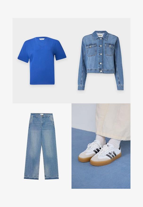 Svetlo modra denim jakna s skrajšanim dizajnom, sprednjimi gumbi, dvema žepoma na prsih in koničastim ovratnikom. Ima gladko teksturo.; Modra bombažna majica s kratkimi rokavi in V-izrezom, ki se ponaša z gladko teksturo in klasičnim sproščenim krojem. Brez vidnih vzorcev ali okrasitev.; Svijetloplave traperice visokog struka širokih nogavica s kopčanjem na dugme, prednjim džepovima, petljama za remen i suptilnim oštećenjima.; Bele tene škornje s črnimi črtami in bež usnjenimi detajli. Imajo teksturirano gumijasto podplat in ravne bele vezalke, nosijo se z svetlimi nogavicami.