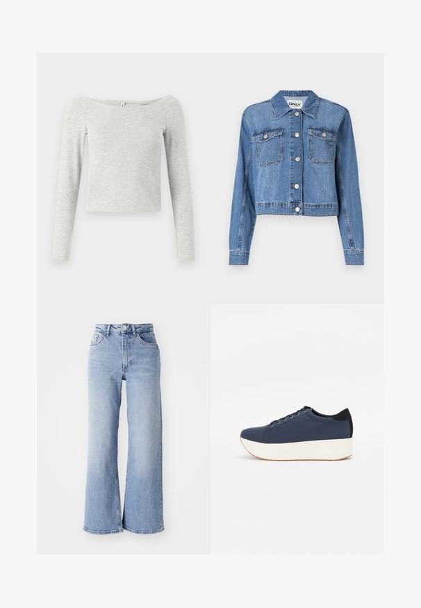 Jachetă din denim de culoare albastru deschis, cu un design scurt, nasturi pe față, două buzunare pe piept și un guler ascuțit. Prezintă o textură netedă.; Top gri cu mânecă lungă, cu un design off-the-shoulder, realizat dintr-un material moale și ușor, având o siluetă simplă și elegantă.; Jeans wide-leg de culoare albastru deschis cu talie înaltă, dotate cu buzunare frontale și spate, închidere cu buton și decolorare subtilă pe coapse și margini.; Sneaker albastru închis, cu un material texturat pe partea superioară, talpă platformă albă, vârf rotunjit și accent de călcâi negru. Dispune de șase găuri pentru șireturi.