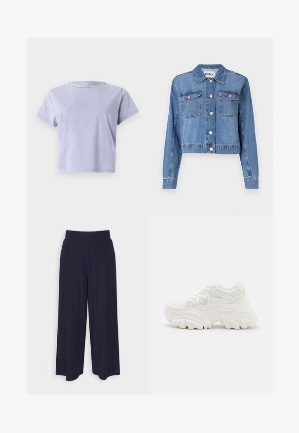 Lyseblå denimjakke med en kort design, frontknapper, to brystlommer og spiss krage. Har en glatt tekstur.; Kortermet t-skjorte med rund hals i lys lavendel. Laget av myk bomull, med en avslappet passform og ensfarget design uten mønstre eller dekorasjoner.; Bredde bukser i mørk marineblå stoff med ribbet tekstur. Har en glatt midje og en luftig silhuett, som når midt på leggen.; Hvite klumpete joggesko med en teksturert overflate, mesh-paneler og tykke gummisåler med fremtredende mønster. Snøring og trekkstrop er inkludert.