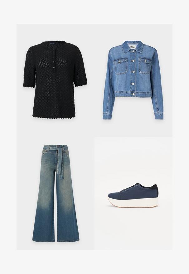 Light blue denim jacket with a cropped design, front buttons, two chest pockets, and a pointed collar. Features a smooth texture.; Black short-sleeve knitted top with a textured diamond pattern, scalloped neckline, and front button closure. Features a relaxed fit.; Wide-leg denim trousers featuring a light to dark blue gradient, high waist, belt loops, and a matching fabric belt. Textured denim finish.; Navy blue sneaker with a textured fabric upper, white platform sole, rounded toe, and black heel accent. Features six eyelets for laces.