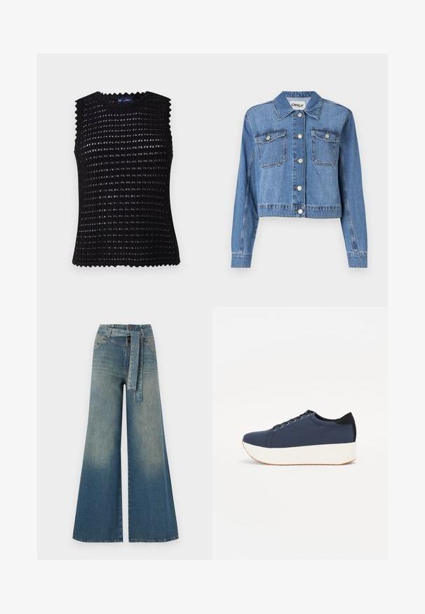 Light blue denim jacket with a cropped design, front buttons, two chest pockets, and a pointed collar. Features a smooth texture.; Black sleeveless top with textured grid pattern, round neckline, and scalloped edges. Made from a lightweight, breathable material.; Wide-leg denim trousers featuring a light to dark blue gradient, high waist, belt loops, and a matching fabric belt. Textured denim finish.; Navy blue sneaker with a textured fabric upper, white platform sole, rounded toe, and black heel accent. Features six eyelets for laces.