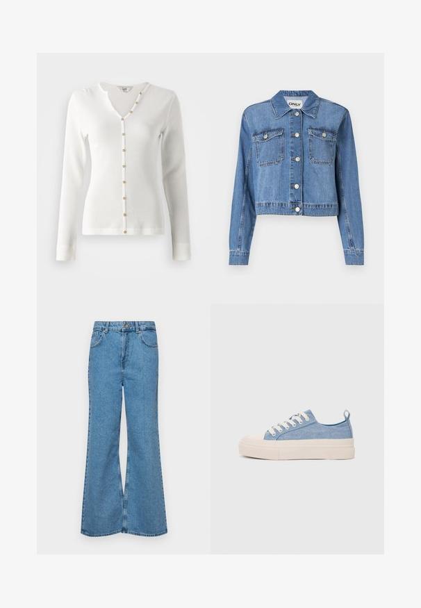 Light blue denim jacket with a cropped design, front buttons, two chest pockets, and a pointed collar. Features a smooth texture.; White long-sleeve ribbed cardigan with a V-neckline and gold button accents down the front. Smooth texture and fitted design.; Light blue flared jeans made of denim, featuring a high waist, five pockets, and a single button closure. Soft texture with faded finish.; Light blue canvas sneakers with a cream rubber toe cap and outsole, featuring white laces and a pull tab on the heel.