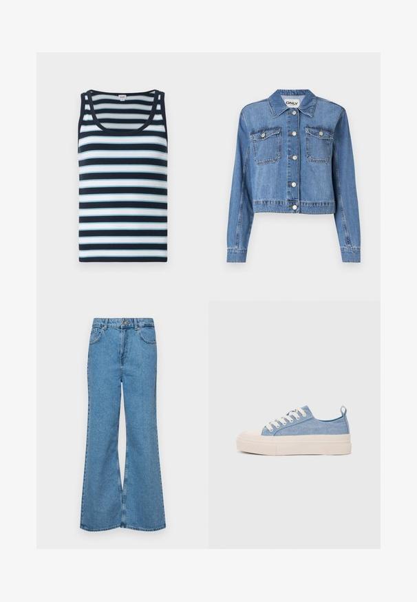 Šviesiai mėlynas džinsinis švarkas su trumpu dizainu, priekiniais mygtukais, dviem krūtinės kišenėmis ir smailiu apykakle. Pasižymi lygiu paviršiumi.; Dryžuota besiūlė maikutė tamsiai mėlynos ir šviesiai mėlynos spalvų. Pasižymi randdoeslinės tekstūros, apvaliu kaklu ir plačiomis pečių juostelėmis.; Šviesiai mėlynos flared džinsai, pagaminti iš džinsinio audinio, su aukštu liemeniu, penkiomis kišenėmis ir vienu mygtuko užsegimu. Minkštas paviršius su išblukusiu efektu.; Šviesiai mėlyni drobės sportbačiai su kreminiu guminiu pirštų apsaugos ir pado elementu, balti raišteliai ir kilpa ant kulno.