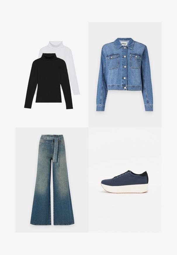 Hellblaues Jeansjacke mit cropped Design, Frontknöpfen, zwei Brusttaschen und spitzem Kragen. Hat eine glatte Textur.; Schwarz-weiße Langarm-Turtlenecks übereinander gestapelt, aus geripptem Stoff, mit taillierten Formen und hohen Kragen.; Weit geschnittene Denim-Hosen mit einem Farbverlauf von hellblau zu dunkelblau, hoher Taille, Gürtelschlaufen und einem passenden Stoffgürtel. Strukturierte Denim-Oberfläche.; Dunkelblaue Sneaker mit einem strukturierten Obermaterial, weißer Plattformsohle, runder Zehenpartie und schwarzem Fersenakzent. Verfügt über sechs Ösen für die Schnürsenkel.