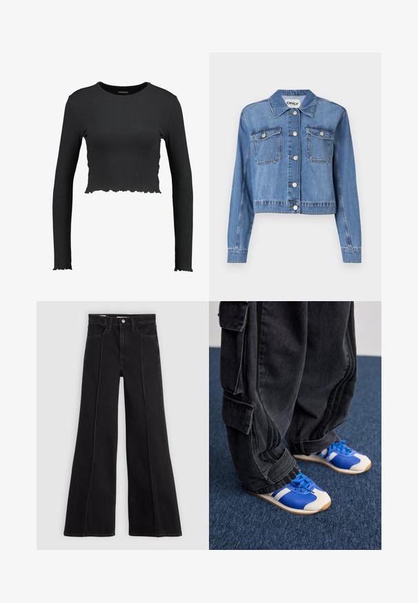 Heleukrõngane džinnjak, millel on lühenenud disain, ees nupukinnitus, kaks rinna taskut ja terav krae. Omab siledat tekstuuri.; Must mustriga pikkade varrukatega lühike topp musta värvi, ümmarguse kaeluse ja lainelise äärisega. Valmistatud venivast materjalist, mis tagab püsiva sobivuse.; Mustad kõrge vöökoht ja laiad püksid, millel on esiseemne detail, nööpkinne, vööaasad ja esikotid kerkival heledal taustal.; Inimene, kes kannab laiu musti cargo-pükse ja siniste ning valgete tossude, seisab tumesinisel vaibal.