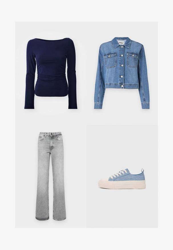 Heleukrõngane džinnjak, millel on lühenenud disain, ees nupukinnitus, kaks rinna taskut ja terav krae. Omab siledat tekstuuri.; Tumesinine pika varrukaga top pehmest ja venivast kangast, millel on sügav kaelus ja kokkukogutud külje detail, pakkudes keha ümber hoidvat siluetti.; Heledad hall heled ja sirged teksad, millel on ees taskud, vööst kuuldud, samuti nööp ja lukuga sulgemine.; Heledad sinised kangast tennisekingad koorevärvi kummist varbakatte ja taldaga, millel on valged paelad ja tõmblukk kandadel.