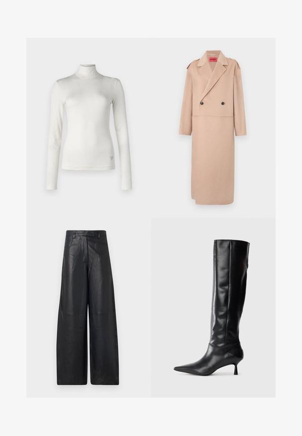 Beige gyapjú keverék kabát, dupla soros tervezéssel, nagy hajtókával és két elülső zsebbel. Fekete gombokkal és vállrész részletekkel rendelkezik.; Fehér, hosszú ujjú garbó, puha szövetből készült, sima tapintású. Diszkrét logóval van díszítve az alján.; Fekete bőr, bő szabású nadrág sima textúrával, strukturált derékbőséggel és finom varrási részletekkel.; Fekete bőr, térd fölé érő csizma hegyes orral és karcsú, ívelt sarokkal. Sima tapintás, testhez simuló kialakítás, és látható fémalkatrészek vagy minták nélkül.