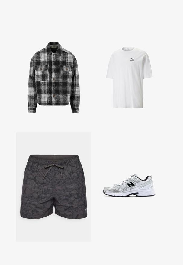 Mustvalge ruuduline flanellide särk, millel on krae, kaks eesmist taskut ja pruunid nööbid. Pehme tekstuur ja lõdva istuvusega disain.; Valge puuvillane T-särk ümmarguse kaelusega ja lühikeste varrukatega. Vasakul rinnal on väike must Puma logo. Sile tekstuur, igapäevane lõike.; Mustad mustad ujumistrid musta värvi, õrna tekstuuriga mustriga, elastse vöökohtaga, reguleeritava nööriga ja külgmise logoga aksessuaariga.; Hõbedane sportlik king, millel on võrgumaterjal, mustad aktsendid, perforatsioonid ja pehme valge tald. Omab silmapaistvat 'N' logo.