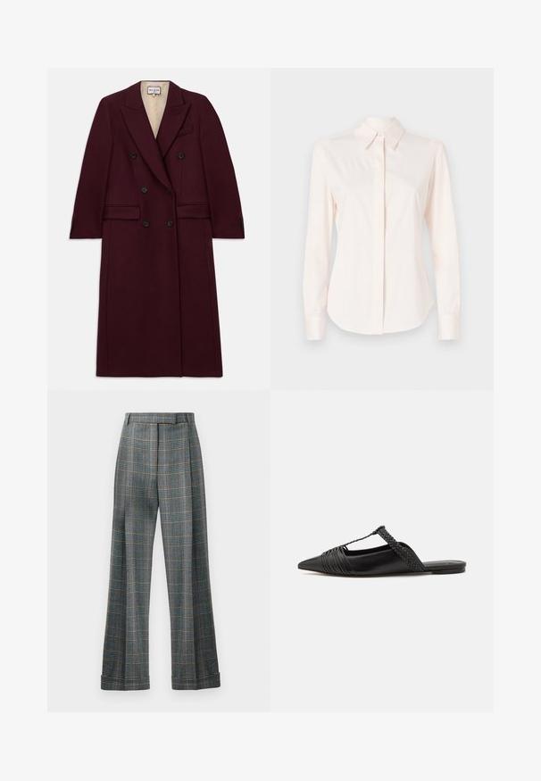 Manteau bicolore bordeaux à double boutonnage en tissu texturé, doté de boutons noirs, de poches latérales et d'un col cranté.; Chemise longue à manches longues rose clair en tissu lisse, avec un col classique et une patte de boutonnage, des poignets ajustés et une coupe cintrée.; Pantalons à carreaux présentant une palette de couleurs bleu, gris et orange, avec une coupe large et des plis marqués ; fabriqués en tissu texturé.; Chaussure en cuir noir à talon ouvert avec un bout pointu, présentant un accent tressé et un design supérieur plissé. Semelle plate avec un matériel minimal.