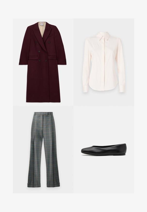 Burgundy double-breasted coat made of a textured fabric, featuring black buttons, side pockets, and a notched lapel design.; Light pink long-sleeve shirt made from smooth fabric, featuring a classic collar and buttoned placket, with fitted cuffs and a tailored shape.; Plaid trousers featuring a blue, gray, and orange color scheme, wide leg design, and pressed creases; made from a textured fabric.; Paul Smith TOPANGA - Ballet pumps - black
