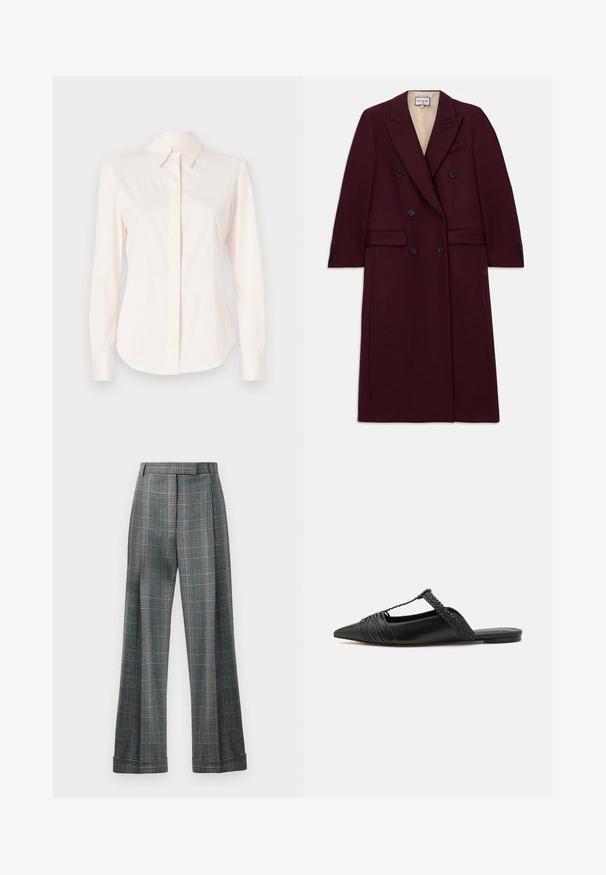 Burgunderfarbenes, doppelt gefüttertes Jackett aus einem strukturierten Stoff, mit schwarzen Knöpfen, seitlichen Taschen und einem Reversdesign.; Helles rosa Hemd mit langen Ärmeln aus glattem Stoff, ausgestattet mit einem klassischen Kragen und einer Knopfleiste, mit schmalen Manschetten und taillierter Form.; Kariertes Hosen mit einer Farbgestaltung in Blau, Grau und Orange, weitem Bein-Design und Bügelfalten; aus einem strukturierten Stoff gefertigt.; Schwarzer Leder-Slingback-Schuh mit spitzem Zehenbereich, ausgestattet mit einem geflochtenen Akzent und einem gefalteten Oberdesign. Flache Sohle mit minimalem Zubehör.