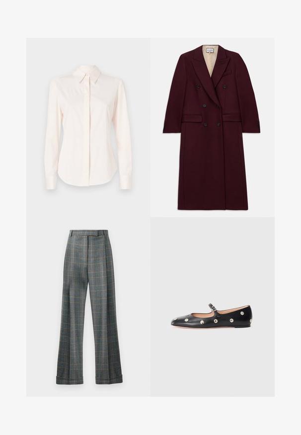 Bordeaux dubbele-breasted jas van een gestructureerde stof, met zwarte knopen, zijzakken en een geknipt revers ontwerp.; Lichtroze blouse met lange mouwen, gemaakt van gladde stof, met een klassieke kraag en knoopsluiting, voorzien van aansluitende manchetten en een getailleerde vorm.; Geruite broek met een blauw, grijs en oranje kleurenpalet, wijde pijpen en persvouwen; gemaakt van een textuurstof.; Zwarte leren Mary Jane ballerina met een ronde neus, voorzien van zilveren ronde studs en een verstelbaar bandje met een gesp.