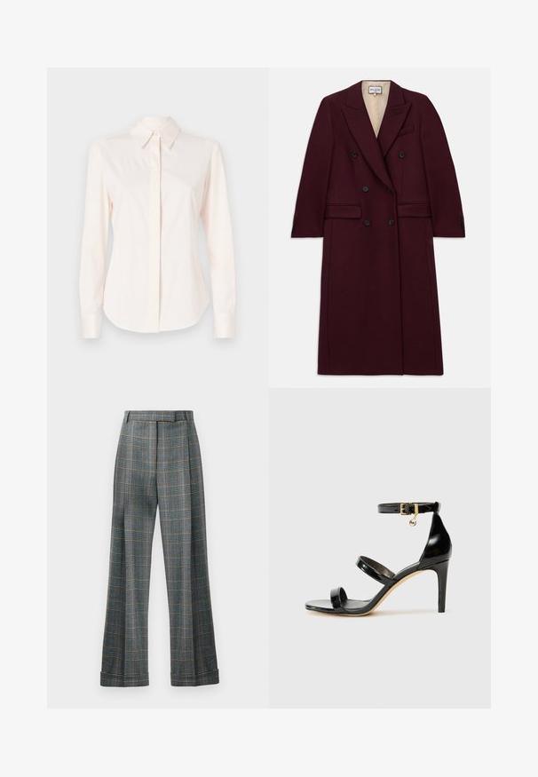 Abrigo burdeos de doble botonadura hecho de una tela texturizada, con botones negros, bolsillos laterales y un diseño de solapa muescada.; Camisa de manga larga de color rosa claro, hecha de una tela suave, con un cuello clásico y una tapeta abotonada, con puños ajustados y una forma entallada.; Pantalones de cuadros con una combinación de colores azul, gris y naranja, diseño de pierna ancha y plisados; confeccionados con una tela texturizada.; Sandalia de charol negro con tres correas, hebilla en el tobillo y tacón de aguja de 10 cm. Presenta detalles de hardware en oro y un charm con el logo.