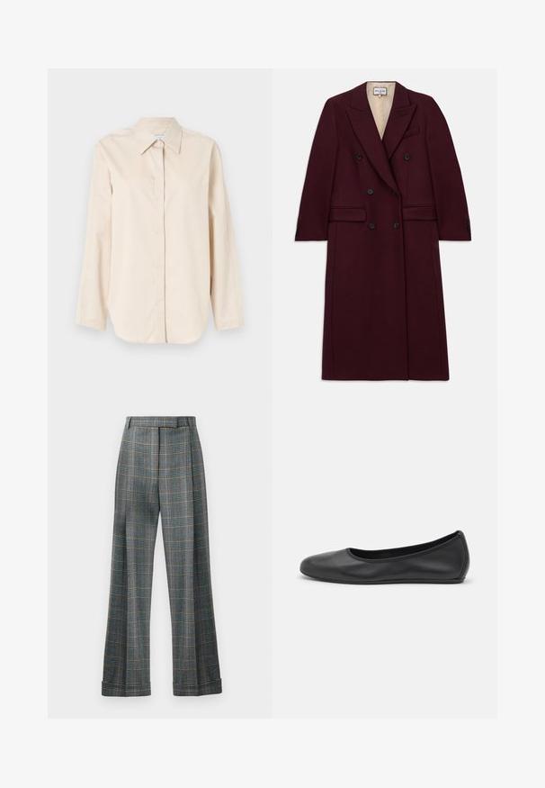 Burgundowy płaszcz dwurzędowy wykonany z teksturowanej tkaniny, z czarnymi guzikami, bocznymi kieszeniami i klapami w fasonie notched.; Jasnobeżowa koszula z długim rękawem, wykonana z gładkiej bawełny, z klasycznym kołnierzykiem, pełnym zapięciem na guziki i luźnym krojem. Bez wzorów ani akcentów.; Spodnie w kratę z niebiesko-szaro-pomarańczowym schematem kolorystycznym, szerokimi nogawkami i prasowanymi zagięciami; wykonane z teksturowanej tkaniny.; Czarne skórzane baletki z zaokrąglonym noskiem, gładką fakturą, minimalnymi przeszyciami i elastycznym designem podeszwy.