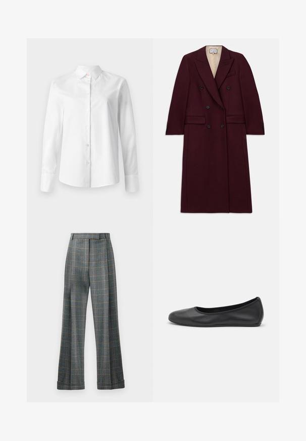 Burgunderfarbenes, doppelt gefüttertes Jackett aus einem strukturierten Stoff, mit schwarzen Knöpfen, seitlichen Taschen und einem Reversdesign.; Weißes Langarm-Hemd mit Knöpfen, aus glattem Baumwollstoff, verfügt über einen klassischen Kragen und kleine Knöpfe entlang der Vorderseite.; Kariertes Hosen mit einer Farbgestaltung in Blau, Grau und Orange, weitem Bein-Design und Bügelfalten; aus einem strukturierten Stoff gefertigt.; Schwarze Leder-Ballettschuhe mit abgerundeter Spitze, glatter Textur, minimalen Nähdetails und einem flexiblen Sohlen-Design.