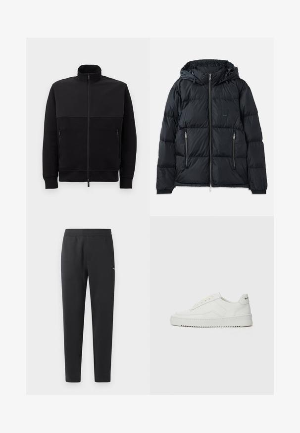 Crni puffer jakna sa prednim zatvaračem, podesivom kapuljačom, dva bočna džepa sa zatvaračem i teksturiranim, stegnutim dizajnom. Ima oznaku logotipa.; Crna jakna s punim patentnim zatvaračem i visokim ovratnikom, s dva bočna džepa na patent zatvarač i rebrastim manžetama, položena ravno na bijeloj pozadini.; Bijela pamučna majica s kratkim rukavima, s plavim i zelenim logotipom "ARMANI EXCHANGE" i "1991" centriranim ispod.; Crne trenirke izrađene od mekanog materijala, sa elastičnom trakastom, ravnim nogavicama i jednim malim logom sa strane.; Bijele kožne tenisice s glatkom površinom, okruglim vrhom, ravnim vezicama i teksturiranom potplatom. Imaju suptilan logo na peti.