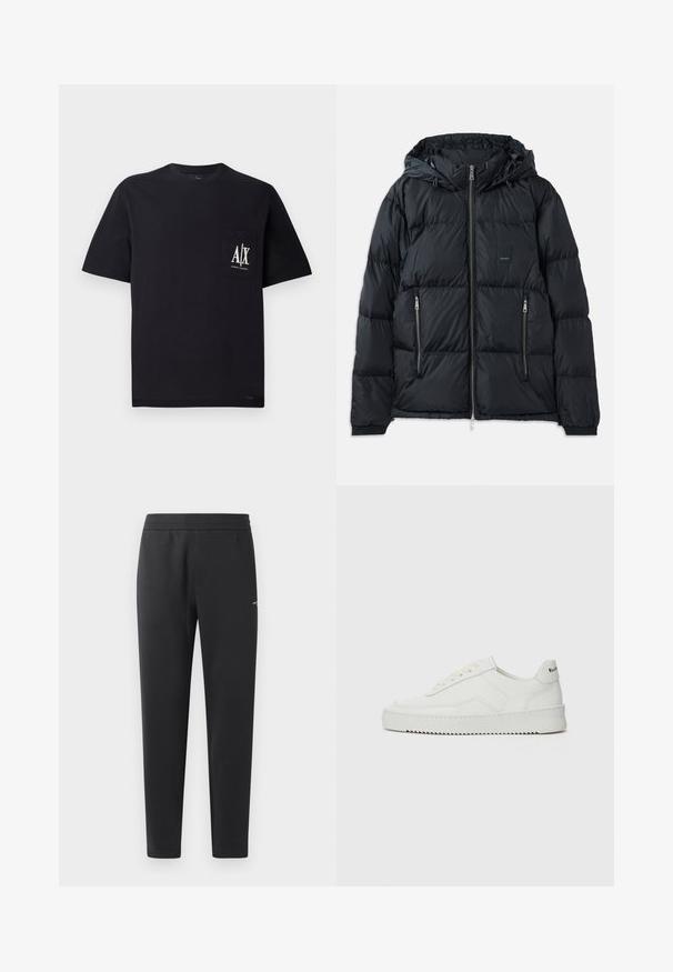 Črna napihljiva jakna z zadrgo spredaj, nastavljivim kapuco, dvema stranskima žepoma z zadrgo in teksturiranim, prešitjem oblikovanim dizajnom. Vsebuje oznako logotipa.; Črna trenirka iz mehkega materiala. Ima okroglo izrezano vratno odprtino in dolge rokave. Na sprednji strani je prikazano "ARMANI EXCHANGE" in "1991" v kontrastnih barvah.; Črna bombažna majica s kratkimi rokavi in krožnim izrezom. Ima žep na prsih z belim logotipom "A/X". Gladka tekstura, sproščen kroj.; Črne trenirka hlače iz mehkega blaga, z elastičnim pasom, ravnimi nogami in z enim majhnim logotipom na strani.; Bela usnjena športna obutev z gladko površino, okroglo prst, ravne vezalke in teksturiran podplat. Ima diskretno logo na peti.