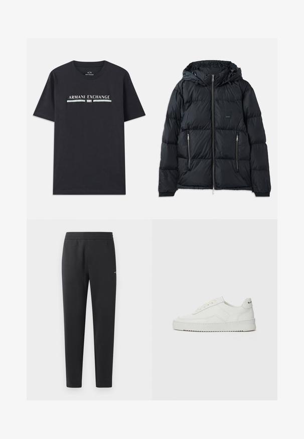 Černá péřová bunda s předním zipem, nastavitelnou kapucí, dvěma bočními zipovými kapsami a texturovaným prošívaným designem. Obsahuje nášivku s logem.; Černá mikina vyrobená z měkké látky. Má klasický kulatý výstřih a dlouhé rukávy. Na přední straně je nápis "ARMANI EXCHANGE" a "1991" v kontrastních barvách.; Černé bavlněné tričko s logem "Armani Exchange" a číslem "1991" v bílé a světle modré barvě na hrudi. Krátké rukávy, kulatý výstřih.; Černé joggingové kalhoty vyrobené z měkké tkaniny, s elastickým pasem, rovnými nohavicemi a malým logem na boku.; Bílé kožené tenisky s hladkým povrchem, kulatou špičkou, plochými tkaničkami a texturovanou podrážkou. Na patě se nachází nenápadné logo.