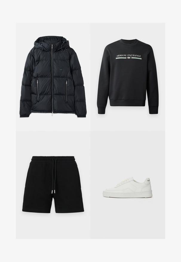 Fekete puffkabát, elülső cipzárral, állítható kapucnival, két cipzáras oldalsó zsebbel és textúrált, steppelt dizájnnal. Jellemzője egy logópatent.; Fekete pulóver, puha anyagból készült. Kerek nyakú, hosszú ujja van. Az elülső részén "ARMANI EXCHANGE" és "1991" felirat látható eltérő színben.; Fekete pamut rövidnadrág, elasztikus derékkal és zsinórral, oldalsó zsebekkel és klasszikus, laza szabású kialakítással. Simább textúra mintázat nélkül.; Fehér bőr sportcipő sima felülettel, kerek orral, lapos fűzőkkel és texturált talppal. Finom logó található a sarokon.