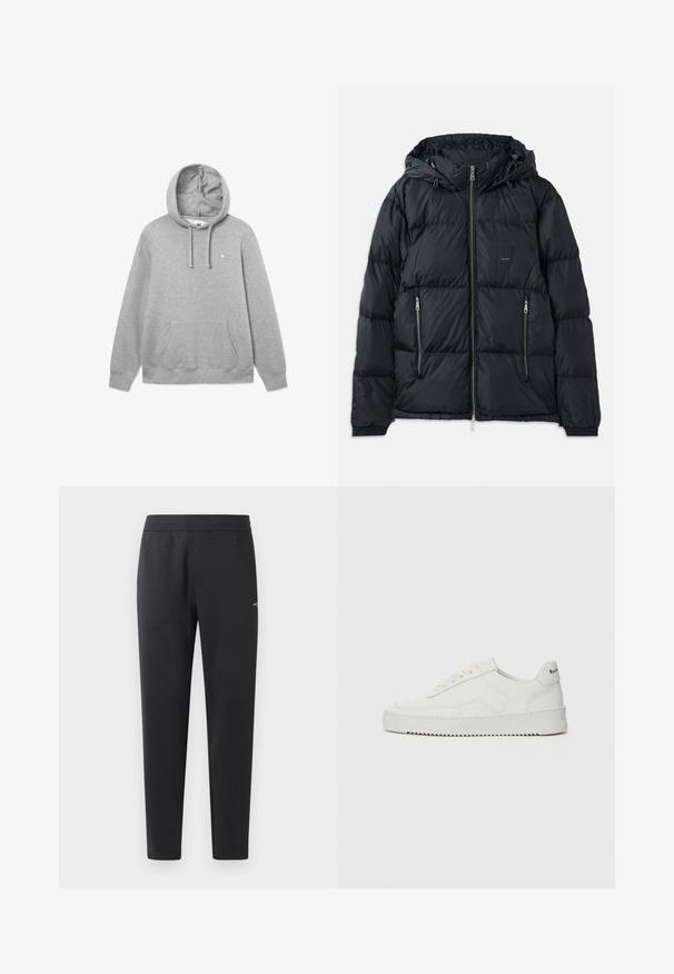 Čierna nafúknutá bunda so zipsom vpredu, nastaviteľnou kapucňou, dvoma zipsovými bočnými vreckami a textúrovaným, prešívaným dizajnom. Obsahuje nášivku s logom.; Sivá bavlnená mikina s prednou vreckom, kapucňou so šnúrkou a malým logom na hrudi. Mäkka textúra a uvoľnený strih.; Čierne joggingové nohavice z mäkkej tkaniny, s elastickým pásom, rovnými nohavicami a malým logom na boku.; Biele kožené tenisky s hladkým povrchom, okrúly špičkový dizajn, ploché šnúrky a textúrovaná podrážka. Obsahujú jemné logo na päte.