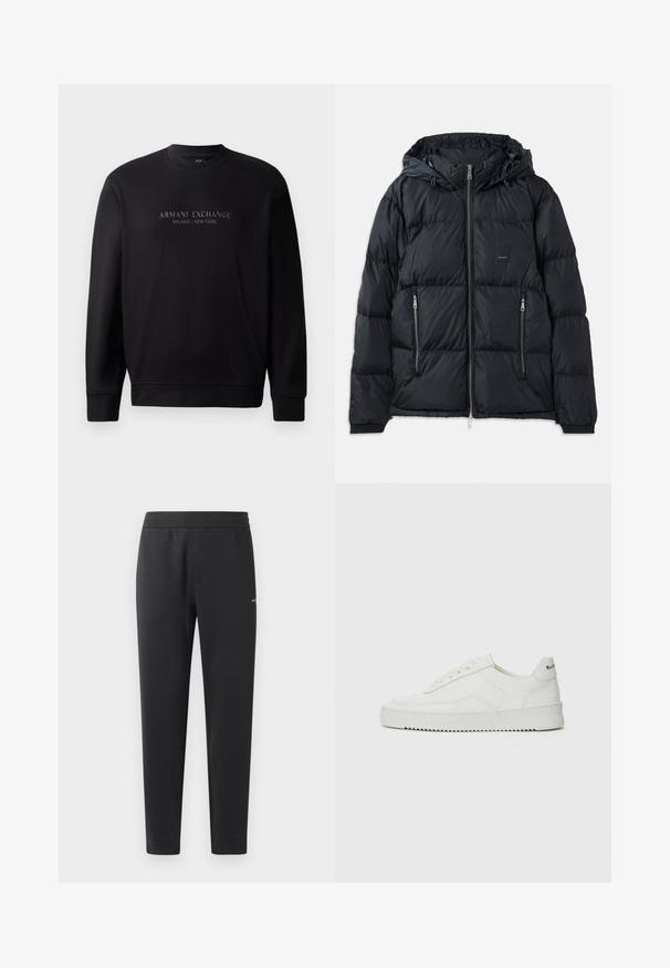 Giubbotto imbottito nero con zip frontale, cappuccio regolabile, due tasche laterali con zip e un design trapuntato testurizzato. Presenta una toppa con logo.; Felpa nera con colletto rotondo che presenta la scritta "ARMANI EXCHANGE MILANO / NEW YORK" in testo embossato sul davanti. Il tessuto è liscio con polsini a costine.; T-shirt bianca in cotone a maniche corte, con logo "ARMANI EXCHANGE" blu e verde e "1991" centrato sotto.; Pantaloni jogger neri realizzati in tessuto morbido, con vita elasticizzata, gambe dritte e un piccolo logo sulla parte laterale.; Sneaker in pelle bianca con una finitura liscia, punta rotonda, lacci piatti e suola testurizzata. Presenta un logo discreto sul tallone.