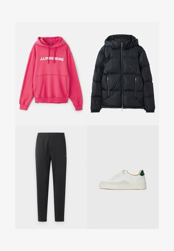 Zwarte pufferjack met een ritssluiting aan de voorkant, verstelbare capuchon, twee zijzakken met rits en een textuur, doorgestikte ontwerp. Voorzien van logo-embleem.; Roze sweatshirt met een capuchon, voorzien van een voorkeerzak. Het merklogo "J.LINDEBERG" is prominent in het wit over de borst gedrukt.; Zwarte joggingsbroek gemaakt van zachte stof, met een elastische tailleband, rechte pijpen en een klein logo detail aan de zijkant.; Witte sneaker met suède accenten, ronde neus, platte veters en een crème rubberen zool. Bevat groene branding op de hiel.
