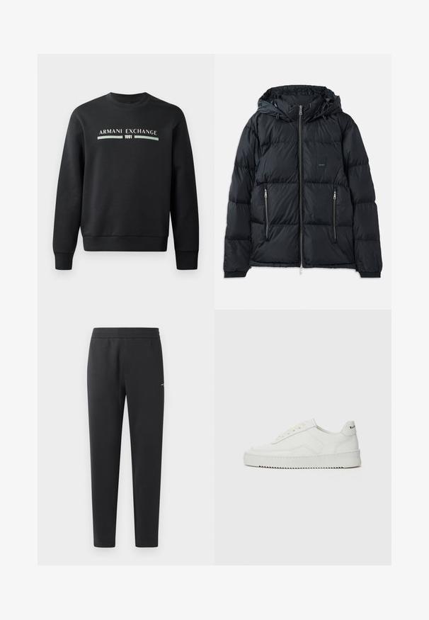 Svart puffjakke med glidelås foran, justerbar hette, to glidelåslommer på sidene og et teksturert, quiltet design. Har logo-patch.; Svart hettegenser laget av mykt stoff. Har rund hals og lange ermer. Framsiden viser "ARMANI EXCHANGE" og "1991" i kontrastfarger.; Hvit bomull t-skjorte med korte ermer, med en blå og grønn "ARMANI EXCHANGE" logo og "1991" sentrert under.; Sorte joggebukser laget av myk stoff, med elastisk midjebånd, rette ben og en liten logo detalj på siden.; Hvite lærersneakers med en jevn overflate, rund tå, flate lisser og en teksturert såle. Har en subtil logo på hælen.
