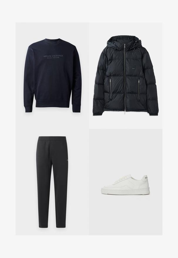 Zwarte pufferjack met een ritssluiting aan de voorkant, verstelbare capuchon, twee zijzakken met rits en een textuur, doorgestikte ontwerp. Voorzien van logo-embleem.; Navy blauwe sweatshirt van zacht materiaal, met een ronde hals en ribgebreide mouwen, voorzien van de gegraveerde tekst "ARMANI EXCHANGE MILANO / NEW YORK".; Zwarte joggingsbroek gemaakt van zachte stof, met een elastische tailleband, rechte pijpen en een klein logo detail aan de zijkant.; Witte leren sneaker met een gladde afwerking, ronde neus, platte veters en een gestructureerde zool. Kenmerkt zich door een subtiel logo op de hiel.
