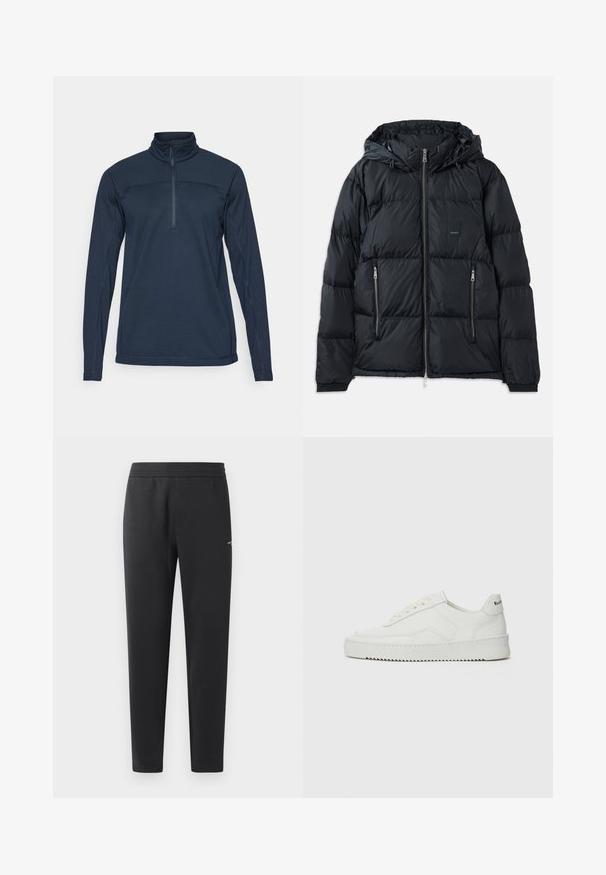 Črna napihljiva jakna z zadrgo spredaj, nastavljivim kapuco, dvema stranskima žepoma z zadrgo in teksturiranim, prešitjem oblikovanim dizajnom. Vsebuje oznako logotipa.; Temno modra dolga majica s puloverjem in visokim ovratnikom ter pol zadrgo spredaj. Ima teksturirano tkanino in kontrastne šive.; Črne trenirka hlače iz mehkega blaga, z elastičnim pasom, ravnimi nogami in z enim majhnim logotipom na strani.; Bela usnjena športna obutev z gladko površino, okroglo prst, ravne vezalke in teksturiran podplat. Ima diskretno logo na peti.