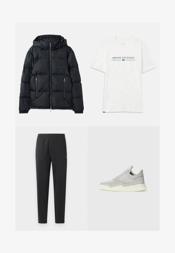 Čierna nafúknutá bunda so zipsom vpredu, nastaviteľnou kapucňou, dvoma zipsovými bočnými vreckami a textúrovaným, prešívaným dizajnom. Obsahuje nášivku s logom.; Biele bavlnené tričko s krátkym rukávom, zdobené modrým a zeleným logom "ARMANI EXCHANGE" a s nápisom "1991" umiestneným centrálne pod ním.; Čierne joggingové nohavice z mäkkej tkaniny, s elastickým pásom, rovnými nohavicami a malým logom na boku.; Sivé tenisky s mesh a semišovými časťami, gumenou podrážkou a svetlými akcentmi. Majú zakrivený dizajn a textúrované panely.