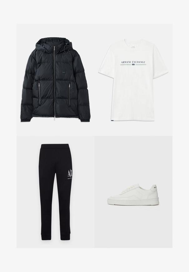 Giubbotto imbottito nero con zip frontale, cappuccio regolabile, due tasche laterali con zip e un design trapuntato testurizzato. Presenta una toppa con logo.; T-shirt bianca in cotone a maniche corte, con logo "ARMANI EXCHANGE" blu e verde e "1991" centrato sotto.; Pantaloni jogger neri realizzati in tessuto morbido, con una vestibilità aderente, vita elastica e testo del logo bianco sulla gamba sinistra.; Sneaker in pelle bianca con una finitura liscia, punta rotonda, lacci piatti e suola testurizzata. Presenta un logo discreto sul tallone.