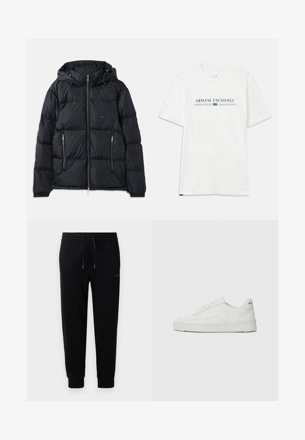 Zwarte pufferjack met een ritssluiting aan de voorkant, verstelbare capuchon, twee zijzakken met rits en een textuur, doorgestikte ontwerp. Voorzien van logo-embleem.; Witte katoenen T-shirt met korte mouwen, voorzien van een blauw en groene "ARMANI EXCHANGE" logo en "1991" gecentreerd eronder.; Zwarte joggingsbroek van katoenmix met een elastische tailleband met trekkoord, boordjes aan de enkels en een subtiele logo-print aan de zijkant.; Witte leren sneaker met een gladde afwerking, ronde neus, platte veters en een gestructureerde zool. Kenmerkt zich door een subtiel logo op de hiel.