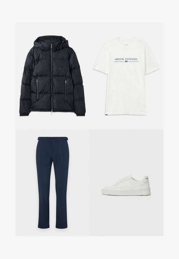 Juodas pūkinis džemperis su užtrauktuku priekyje, reguliuojama kapišonu, dviem užtrauktukais uždaromomis šoninėmis kišenėmis ir tekstūruotu, siuvinėtų dizainu. Yra logotipo siuvinys.; Balta medvilninė marškinėliai trumpomis rankovėmis, su mėlyna ir žalia "ARMANI EXCHANGE" logotipu ir "1991" užrašu centre.; Tamsiai mėlyni kelnės, pagamintos iš lygios medžiagos, su tiesiom kojomis, diržo kilpomis ir vienu mygtuko uždarymu. Minimalistinio stiliaus, be raštų.; Balti odiniai sportiniai bateliai su lygia apdaila, apvaliu pirštu, plokščiais raišteliais ir tekstūruotu padu. Pasižymi subtiliu logotipu ant kulno.