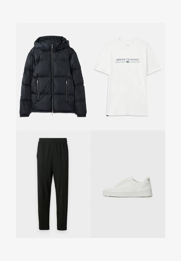 Čierna nafúknutá bunda so zipsom vpredu, nastaviteľnou kapucňou, dvoma zipsovými bočnými vreckami a textúrovaným, prešívaným dizajnom. Obsahuje nášivku s logom.; Biele bavlnené tričko s krátkym rukávom, zdobené modrým a zeleným logom "ARMANI EXCHANGE" a s nápisom "1991" umiestneným centrálne pod ním.; Čierne nohavice vyrobené z hladkej tkaniny; majú elastický pás, bočné vrecká a zúžený strih nohavíc. Minimalistické a jednofarebné.; Biele kožené tenisky s hladkým povrchom, okrúly špičkový dizajn, ploché šnúrky a textúrovaná podrážka. Obsahujú jemné logo na päte.