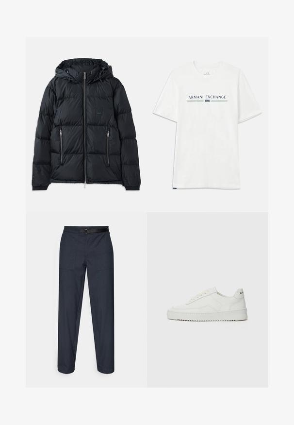 Schwarze Bomberjacke mit Reißverschluss vorne, verstellbarem Kapuzen, zwei seitlichen Reißverschlusstaschen und einem strukturierten, gesteppten Design. Mit Logo-Patch.; Weißes Baumwoll-T-Shirt mit kurzen Ärmeln, das ein blaues und grünes "ARMANI EXCHANGE"-Logo zeigt, mit "1991" zentriert darunter.; Dunkelblaue Hose mit geradem Schnitt, zwei Fronttaschen, einem schwarzen verstellbaren Gürtel und einer glatten Textur.; Weiße Ledersneaker mit glatter Oberfläche, runder Zehenpartie, flachen Schnürsenkeln und strukturiertem Sohlenprofil. Mit einem dezenten Logo an der Ferse.