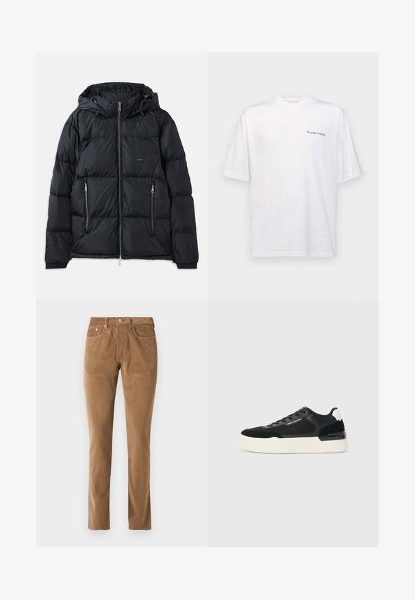 Černá péřová bunda s předním zipem, nastavitelnou kapucí, dvěma bočními zipovými kapsami a texturovaným prošívaným designem. Obsahuje nášivku s logem.; Bílé tričko s krátkým rukávem z bavlny s výstřihem do V, na levé straně se nachází černé logo "FILLING PIECES".; Hnědé kordové kalhoty s přiléhavým střihem, které mají pět kapes, zapínání na knoflík a šité detaily podél švů.; Černé tenisky vyrobené z mřížkového materiálu a kůže, s výraznou bílou podešví a kontrastními akcenty. Šněrování a detail loga na straně.