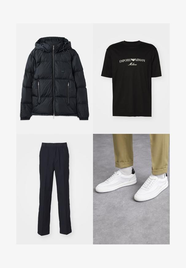 Chaqueta acolchada negra con cierre delantero, capucha ajustable, dos bolsillos laterales con cremallera y un diseño texturizado acolchado. Presenta un parche de logo.; Camiseta de algodón negra con cuello redondo, mangas cortas y el logo de "EMPORIO ARMANI" en blanco sobre "Milano" en un diseño curvado.; Pantalones azul marino de tela ligera, con un diseño de pierna recta, cinturilla elástica y sin bolsillos ni patrones visibles.; Zapatillas blancas con un acabado de cuero texturizado, punta redondeada y acento negro en el talón. Suela de goma con un pequeño patrón de relieve y detalle de costura.