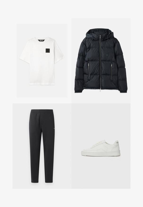 Giubbotto imbottito nero con zip frontale, cappuccio regolabile, due tasche laterali con zip e un design trapuntato testurizzato. Presenta una toppa con logo.; T-shirt bianco in cotone a maniche corte, con una toppa logo quadrata nera sul lato sinistro del petto. Collo rotondo, vestibilità comoda.; Pantaloni jogger neri realizzati in tessuto morbido, con vita elasticizzata, gambe dritte e un piccolo logo sulla parte laterale.; Sneaker in pelle bianca con una finitura liscia, punta rotonda, lacci piatti e suola testurizzata. Presenta un logo discreto sul tallone.