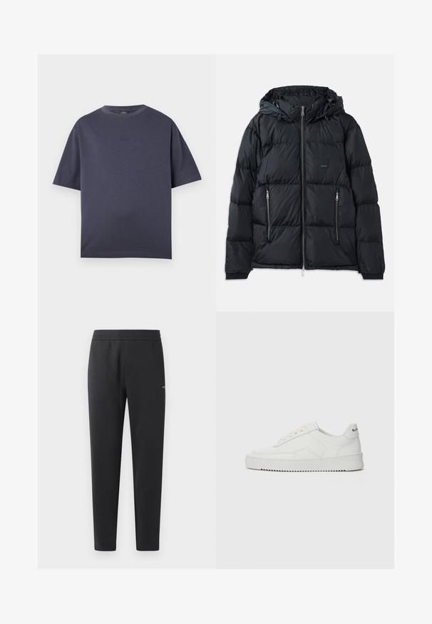 Black puffer jacket with a zip front, adjustable hood, two zippered side pockets, and a textured, quilted design. Features logo patch.; Navy blue short-sleeve T-shirt made of soft cotton blend. Round neckline, relaxed fit, featuring a subtle embossed logo on the chest.; Black jogger pants made of soft fabric, featuring an elastic waistband, straight legs, and a single small logo detail on the side.; White leather sneaker with a smooth finish, round toe, flat laces, and a textured sole. Features a subtle logo on the heel.