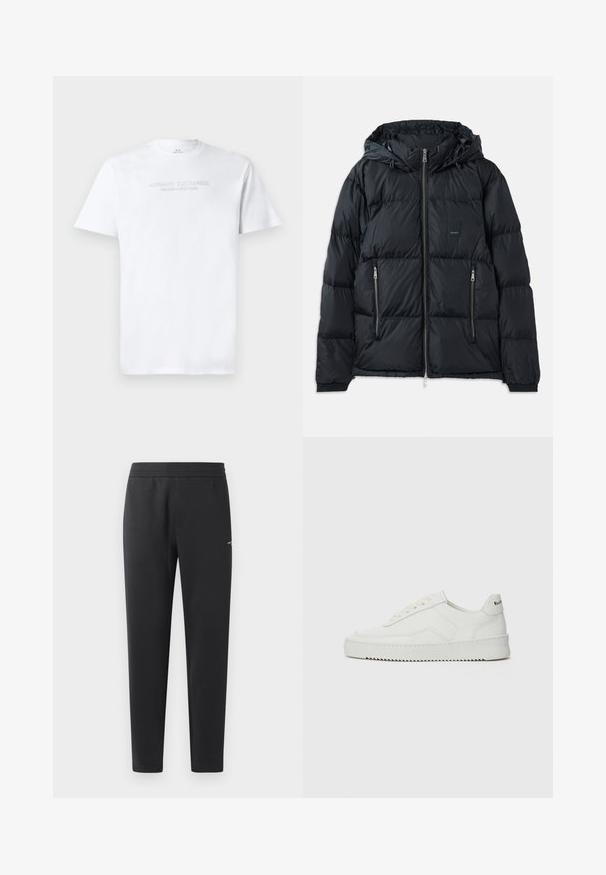 Sort puffjakke med lynlås foran, justerbar hætte, to lynlåslommer på siden og et struktureret, quiltet design. Har logo-patch.; Hvid bomulds T-shirt med rund halsudskæring, korte ærmer og prægede "ARMANI EXCHANGE MILANO/NEW YORK" logo på fronten.; Sorte joggebukser lavet af blødt stof, med elastisk måle, lige ben og et enkelt lille logo detaljeret på siden.; Hvide lædersneakers med en glat overflade, rund tå, flade snørebånd og en tekstureret sål. Har et diskret logo på hælen.