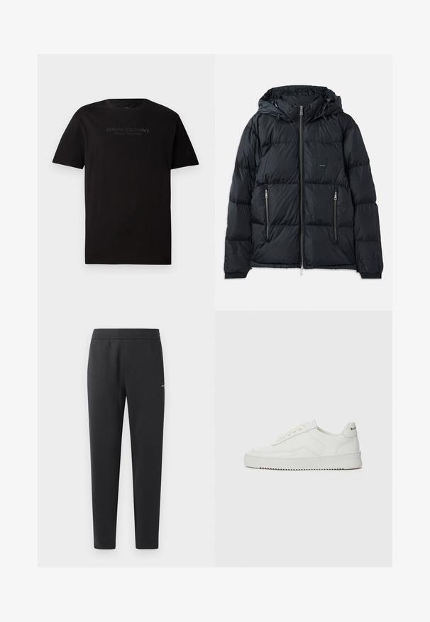 Černá péřová bunda s předním zipem, nastavitelnou kapucí, dvěma bočními zipovými kapsami a texturovaným prošívaným designem. Obsahuje nášivku s logem.; Černé bavlněné tričko s kulatým výstřihem a krátkými rukávy. Na přední straně je embosovaný text "ARMANI EXCHANGE MILANO / NEW YORK".; Černé joggingové kalhoty vyrobené z měkké tkaniny, s elastickým pasem, rovnými nohavicemi a malým logem na boku.; Bílé kožené tenisky s hladkým povrchem, kulatou špičkou, plochými tkaničkami a texturovanou podrážkou. Na patě se nachází nenápadné logo.