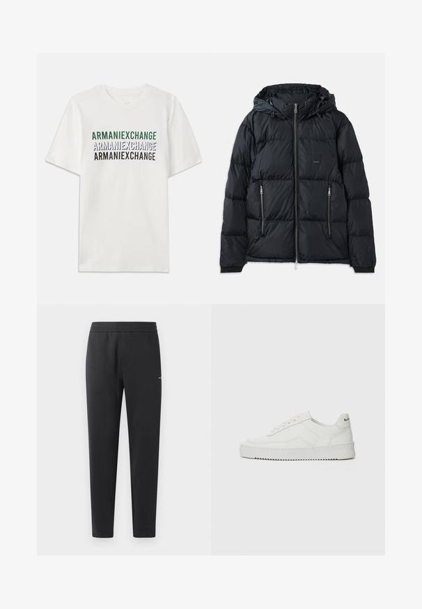 Juodas pūkinis džemperis su užtrauktuku priekyje, reguliuojama kapišonu, dviem užtrauktukais uždaromomis šoninėmis kišenėmis ir tekstūruotu, siuvinėtų dizainu. Yra logotipo siuvinys.; Balta medvilnė marškinėliai, kuriuose kartojamas tekstas "ARMANIEXCHANGE" žalios, mėlynos ir juodos spalvų. Trumpi rankovės ir klasikinis apvalus kaklas.; Juodos sportinės kelnės, pagamintos iš minkštos medžiagos, su elastinga juosmeniu, tiesiomis kojomis ir nedideliu logotipo akcentu šone.; Balti odiniai sportiniai bateliai su lygia apdaila, apvaliu pirštu, plokščiais raišteliais ir tekstūruotu padu. Pasižymi subtiliu logotipu ant kulno.